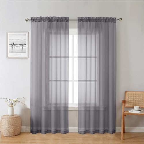 "Lecloud Charcoal Grey Sheer Curtains 78 Inches Long 2 Panels, Light Filtering Voile Breathable Curtains, Privacy Solid Window Treatments with Rod Pocket for Bedroom Living Room, Each 42"" W x 78"" L"