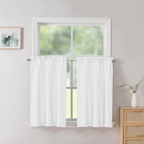 Chyhomenyc Uptown 2 PCS White Kitchen Tier Curtains 36 inch Length, Faux Silk Slub Fabric Lightweight Elegant Short Cafe Curtains for Farmhouse Bathroom Bedroom Small Windows, Each 30Wx36L inch