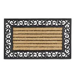 Relaxdays Coir and Rubber Doormat with Stripe and Floral Pattern, Large Weather-Proof Welcome Mat Striped Floor Mat with Anti-Slip Underside for Outdoor Use, Cast-Iron Look, Brown & Black