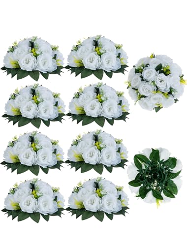 BLOSMON Flower Centerpieces for Tables Wedding 10 Pcs White Fake Flowers Rose Arrangement Bouquet Floral Centerpiece Balls Artificial Wedding Center Pieces of Valentines Day Home Party Decor