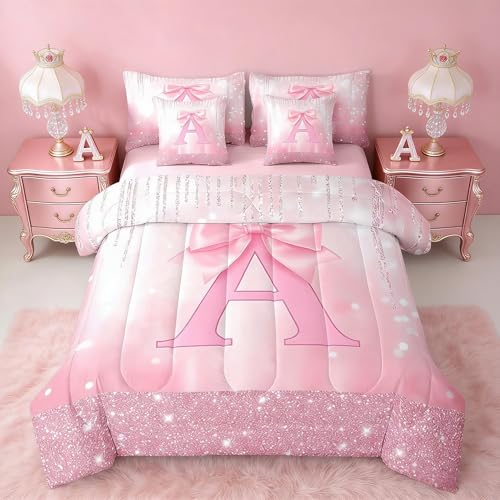 Feelyou Kids Pink Bowknot Bed in A Bag Queen Size, Personalized Initial A Comforter Set with Sheets Princess Glitter 7 Pieces Bedding Set Boys Girls Bow Alphabet Teens Bed Set Bedroom Decor 7Pcs
