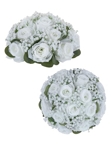 BLOSMON Fake Flowers Ball Wedding Centerpieces 2 Pcs White Rose Babys Breath Artificial Flowers Center Pieces Decoration for Table Silk Kissing Floral Bouquet Arrangements for Home Party DIY Decor
