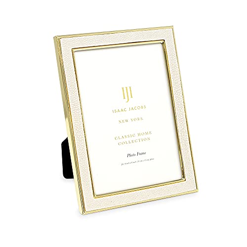 Isaac Jacobs 4x6 White Leather with Gold Metal (Vertical & Horizontal) Picture Frame, Shagreen Border w/Black Fabric Easel, Wall-Mountable, Made For Tabletop, Photo Gallery (4x6, White W/Gold)