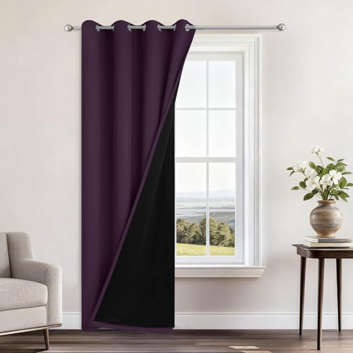 Yakamok Purple 100% Blackout Curtains 84 Inches Long for Bedroom, 1 Panel - Blackout Curtain Panels for Bedroom, 2 Thick Layers Grommet Top Thermal Insulated Drapes with Black Liner for Living Room