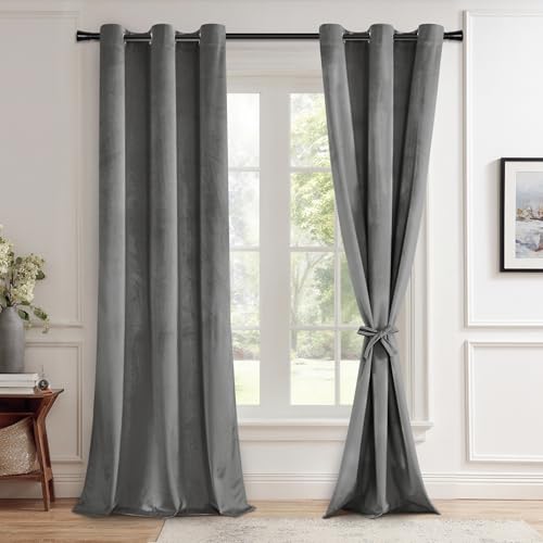 JIUZHEN Grey 42 x 96 inches Velvet Blackout Curtains - Retro Luxury Insulated Window Covering Noise Absorbing & Privacy Protect Drapes for Living Room/Indoor Decorations, Set of 2 with Tiebacks