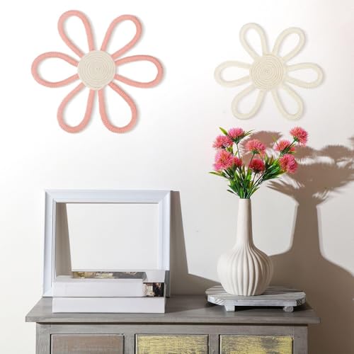 Gerrii Boho Daisy Flower Woven Macrame Wall Hanging Decor for Girl's Nursery (Pink, White, 2 Pcs)