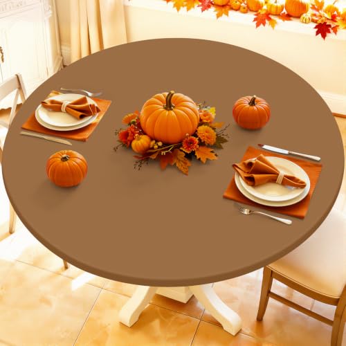 "Moosfor Spandex Round Tablecloth, Fitted Table Cloth for 31""-35"" Tables - Elastic Outdoor Picnic Table Cover, Circle Stretch Waterproof Table cloths for Patio, Dining, Kitchen, Brown"