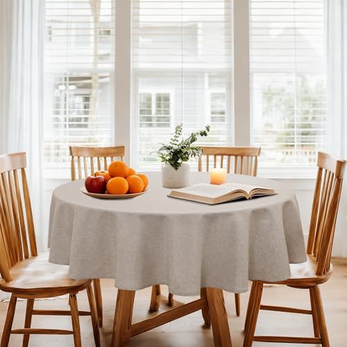 DWCN Round Faux Linen Tablecloth - Textured Waterproof Spill-Proof Wrinkle and Stain Resistant Table Cloth Decorative Fabric Farmhouse Table Cover for Kitchen Dining Party, 40 Inch, Stone