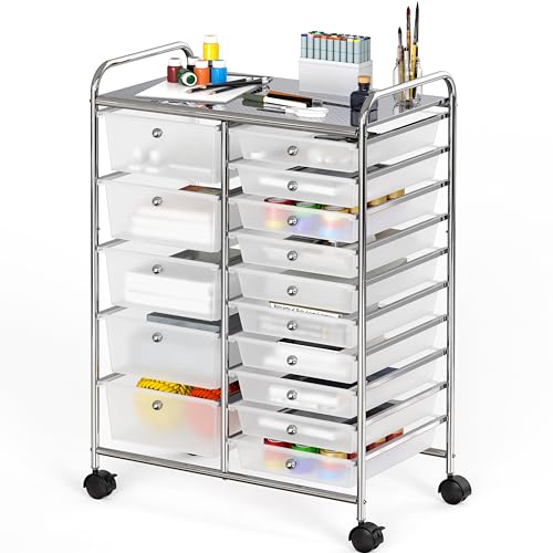 Simple Houseware Utility Cart with 15 Drawers Rolling Storage Art Craft Organizer on Wheels, Chrome