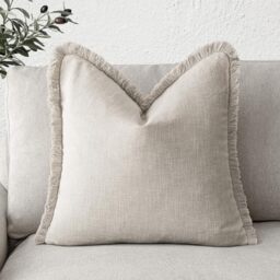 Foindtower Decorative Linen Fringe Throw Pillow Covers Cozy Boho Farmhouse Cushion Cover with Tassels Soft Accent Pillowcase for Chair Sofa Bed Living Room Home Decor, 16×16 Inch, 1PC, Natural Beige