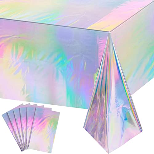 "6 Pack Iridescence Plastic Tablecloths Shiny Disposable Laser Rectangle Table Covers Holographic Foil Tablecloth Iridescent Party Decoration Birthday Bridal Wedding Christmas 54"" x 108""(Laser)"