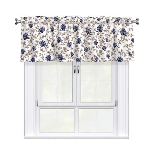 Granbey Blue and Brown Valances for Windows Navy Blue Tan Floral Kitchen Curtain Farmhouse Country Rustic Valance with Rod Pocket Light Filtering Polyester Valance 54 x 18 Inch, 1 Pack