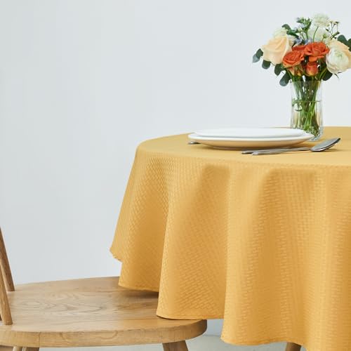 maxmill Round Weaved Texture Design Tablecloth Spill-Proof Wrinkle Free Soft Washable Table Cloth for Circular Table Cover, for Dining Room Banquet Parties Holiday Dinner, 70 Inch Ochre Yellow