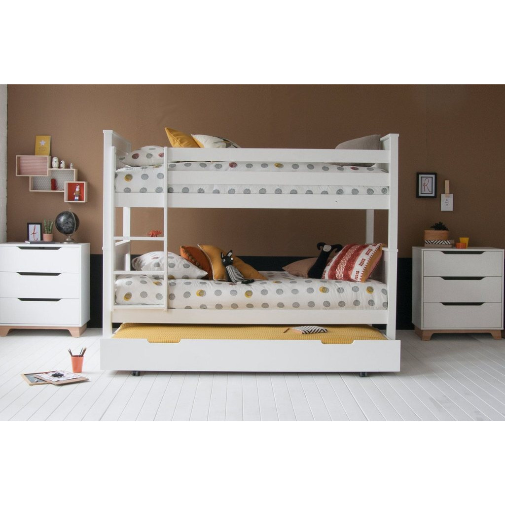 Classic Childrens Beech Bunk Bed with Storage and Trundle - Pure White