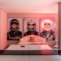 Neon Space Girl in Silver with Logos, 100cm x 150cm - Andrew Martin - thumbnail 2