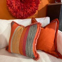 Llama Orange, Sustainable Feather, Cushion, 55cm x 55cm - Andrew Martin Cotton Blend & Linen Blend Stripe - thumbnail 2