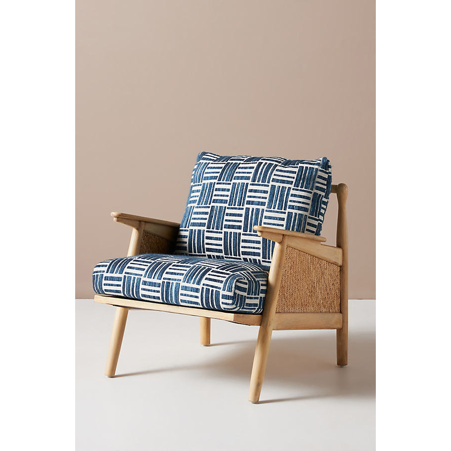 Indigo Woven Cotton-Upholstered Cane Wood Lounge Armchair - image 1