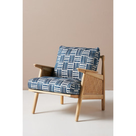 Indigo Woven Cotton-Upholstered Cane Wood Lounge Armchair