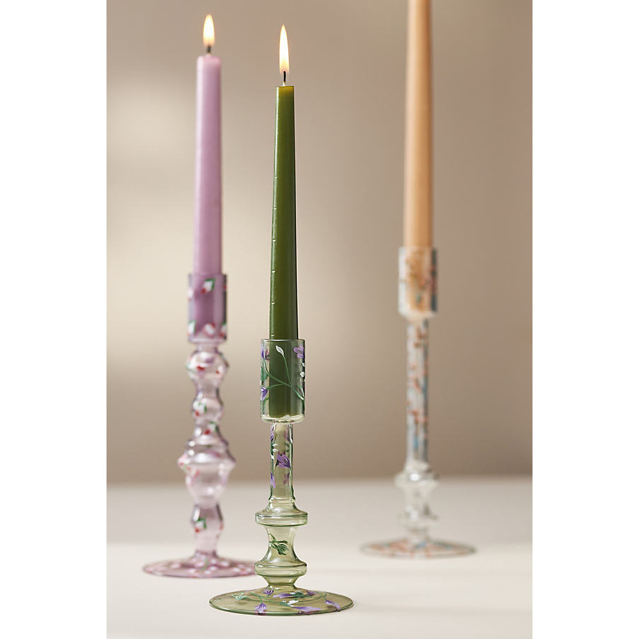 Floral Green Glass Taper Candle Holder - image 1
