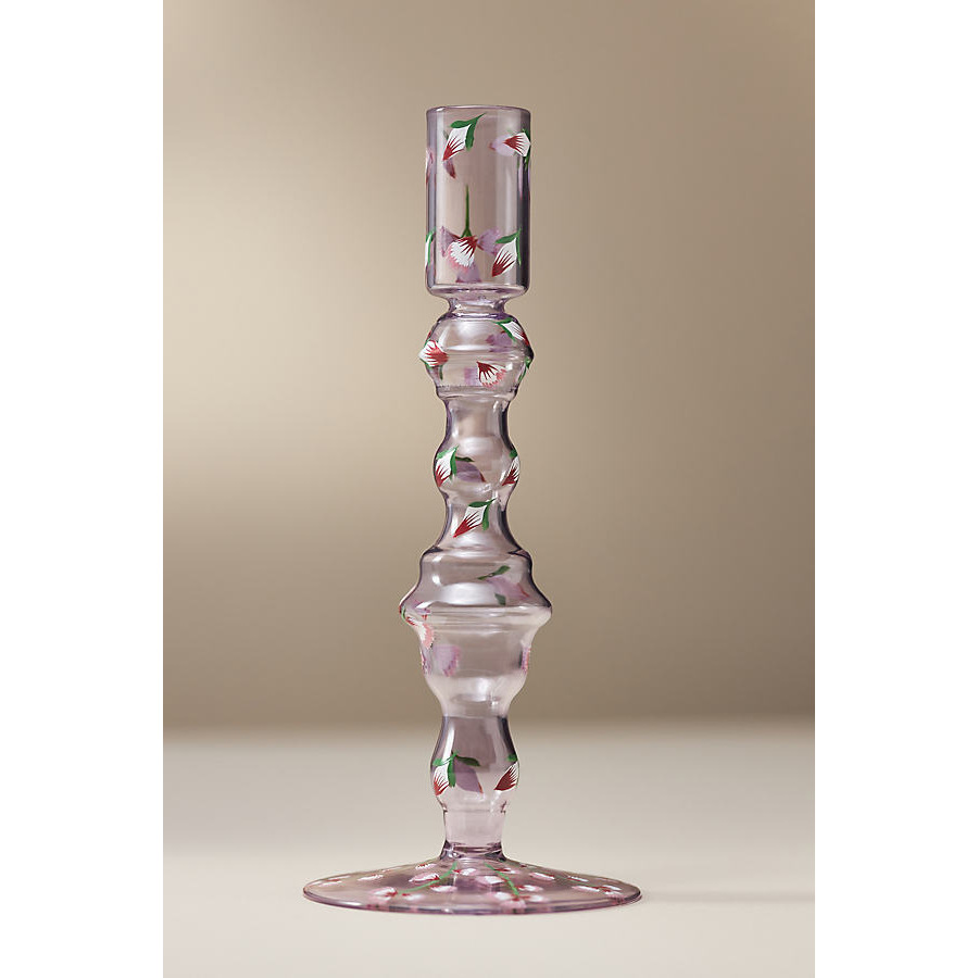 Floral Purple Glass Taper Candle Holder - image 1