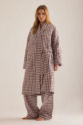 Piglet In Bed Berry Gingham Linen-Blend Housecoat