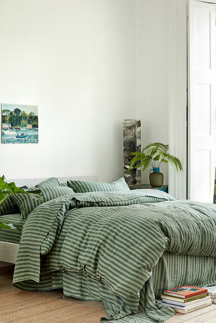 Piglet In Bed Pine Green Pembroke Stripe Linen Fitted Sheet - image 1
