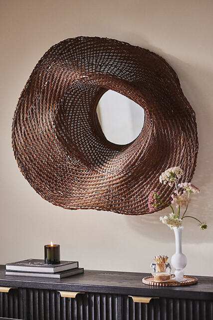 Undulating Woven Rattan Round Mirror - image 1