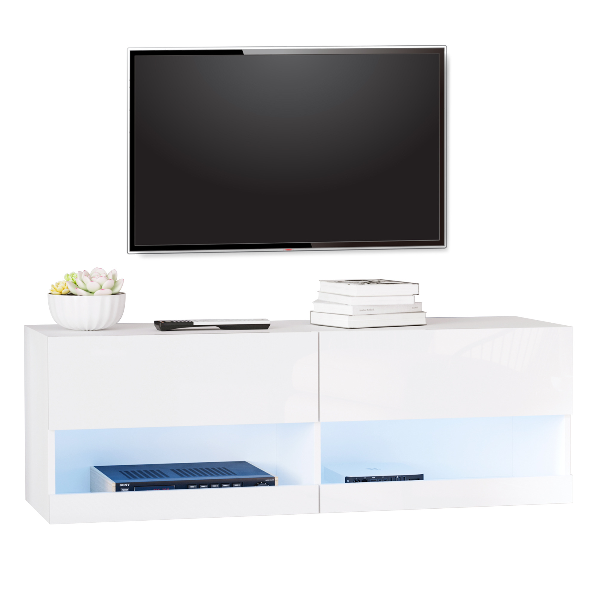 HOMCOM Wall Mount TV Stand with 20 Colors LED Lights, Remote Control, High Gloss Entertainment Center Media Console with Storage Compartments