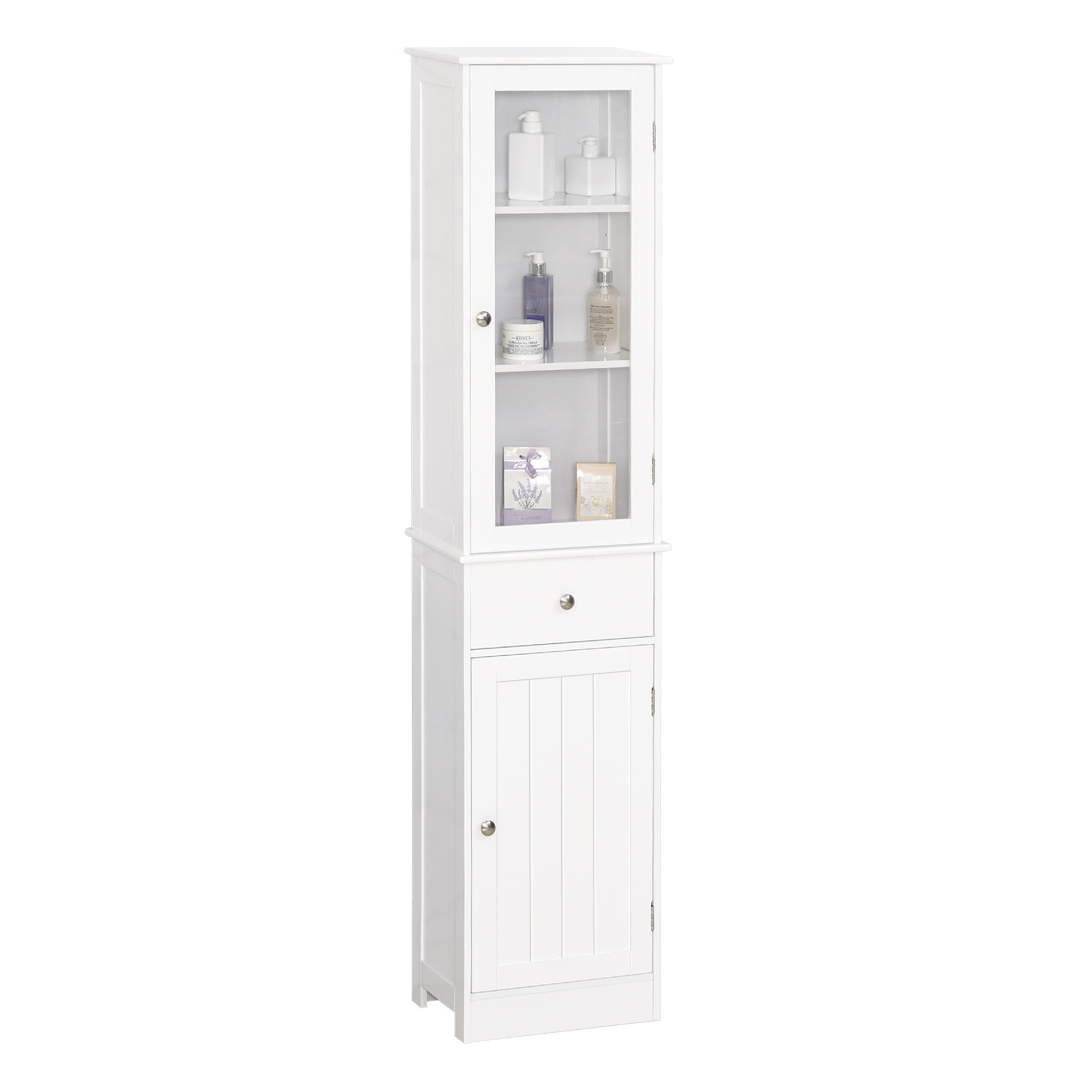 kleankin Bathroom Storage Cabinet with 3-tier Shelf Drawer Door, Floor Cabinet Free Standing Tall Slim Side Organizer Shelves, White
