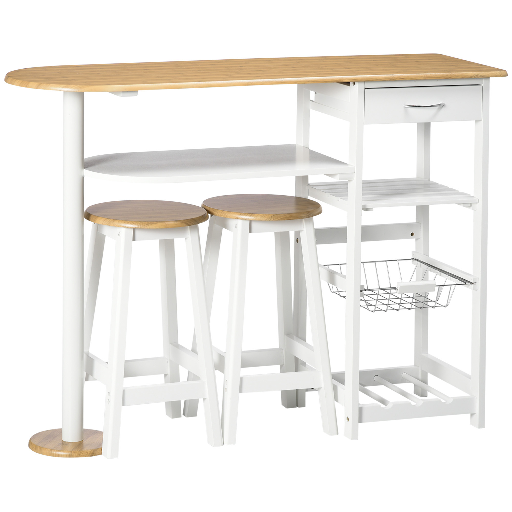 HOMCOM 3 Piece Bar Table Set, Breakfast Bar table and Stools with Storage Shelf, Drawer, Wire Basket and Wine Rack for Kitchen, Natural and White