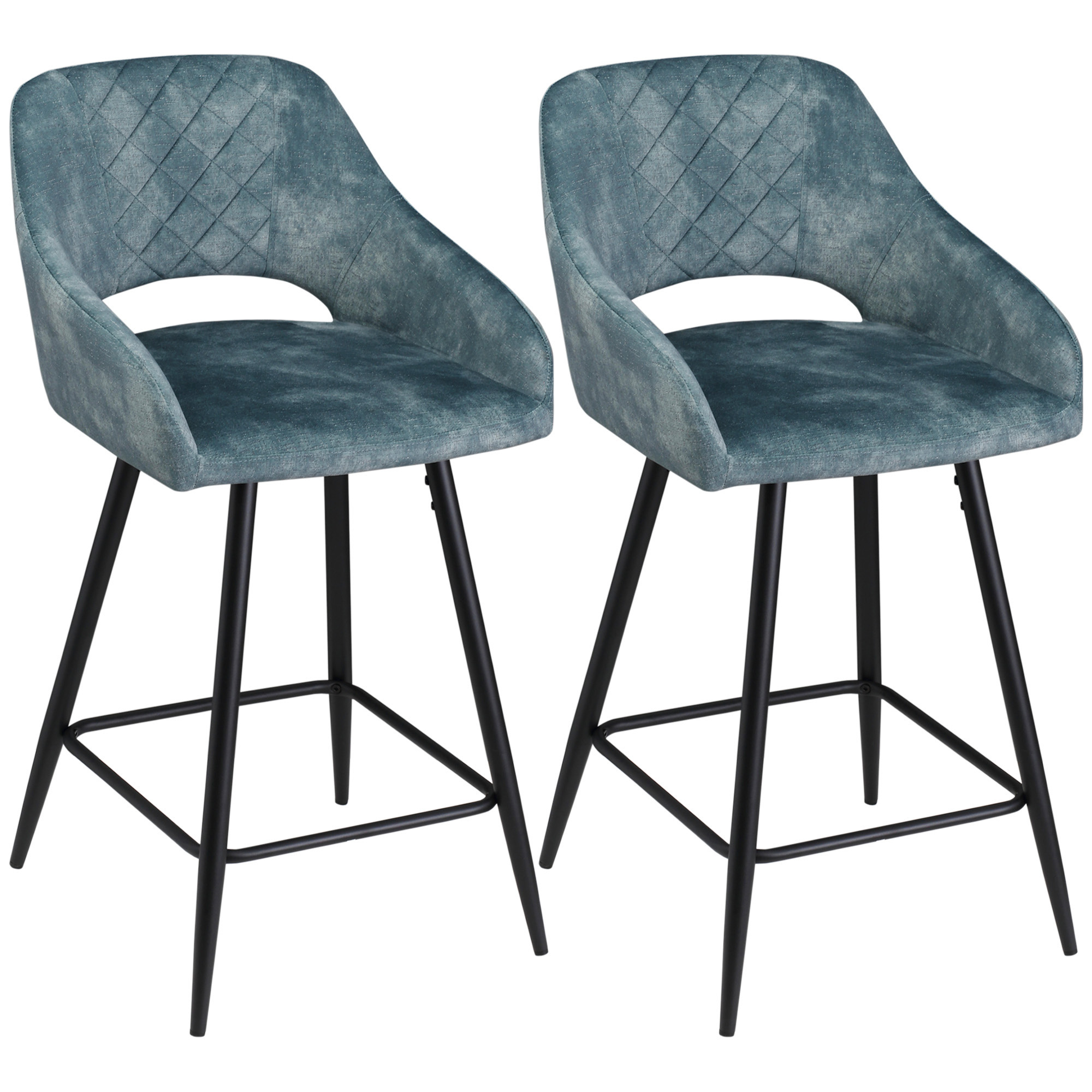 HOMCOM Bar Stools Set of 2, Velvet-Touch Fabric Counter Height Bar Chairs, Kitchen Stools with Steel Legs for Dining Area Blue