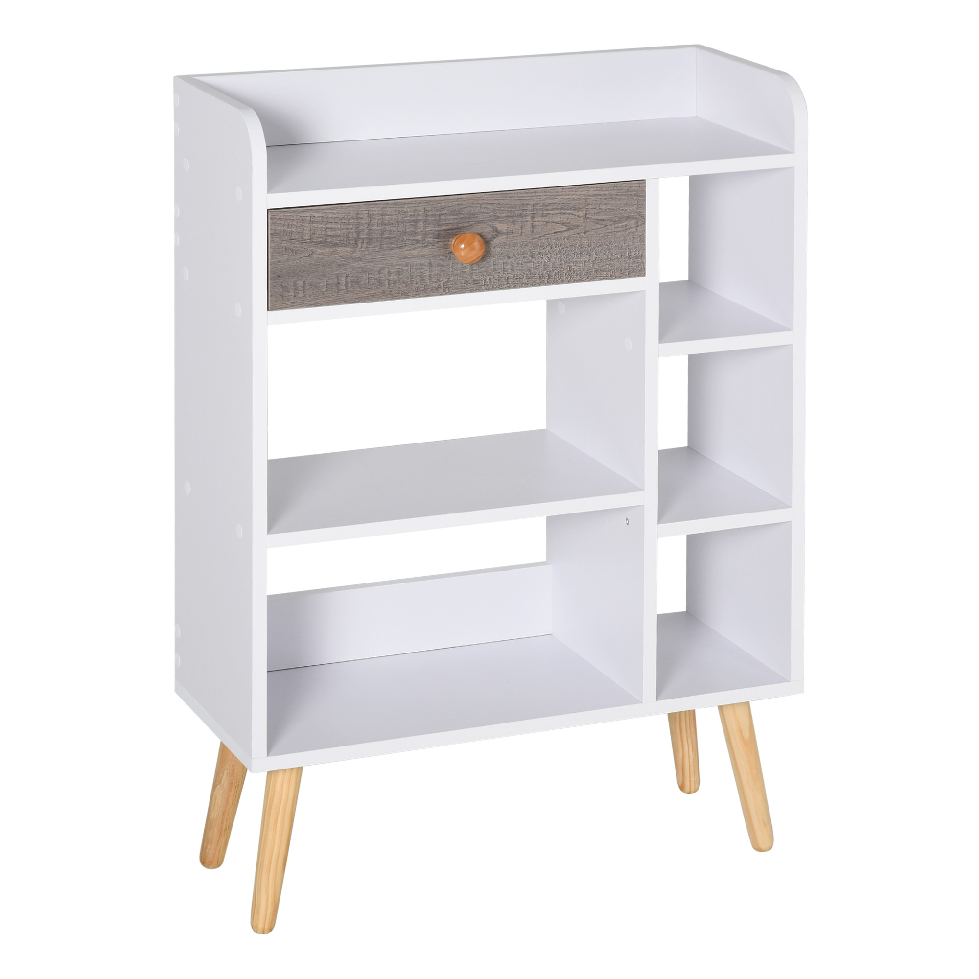 HOMCOM Multi-Shelf Modern Bookcase Freestanding Storage w/ Drawer 6 Shelves Wood Legs Home Office Display Furniture Stylish White Grey