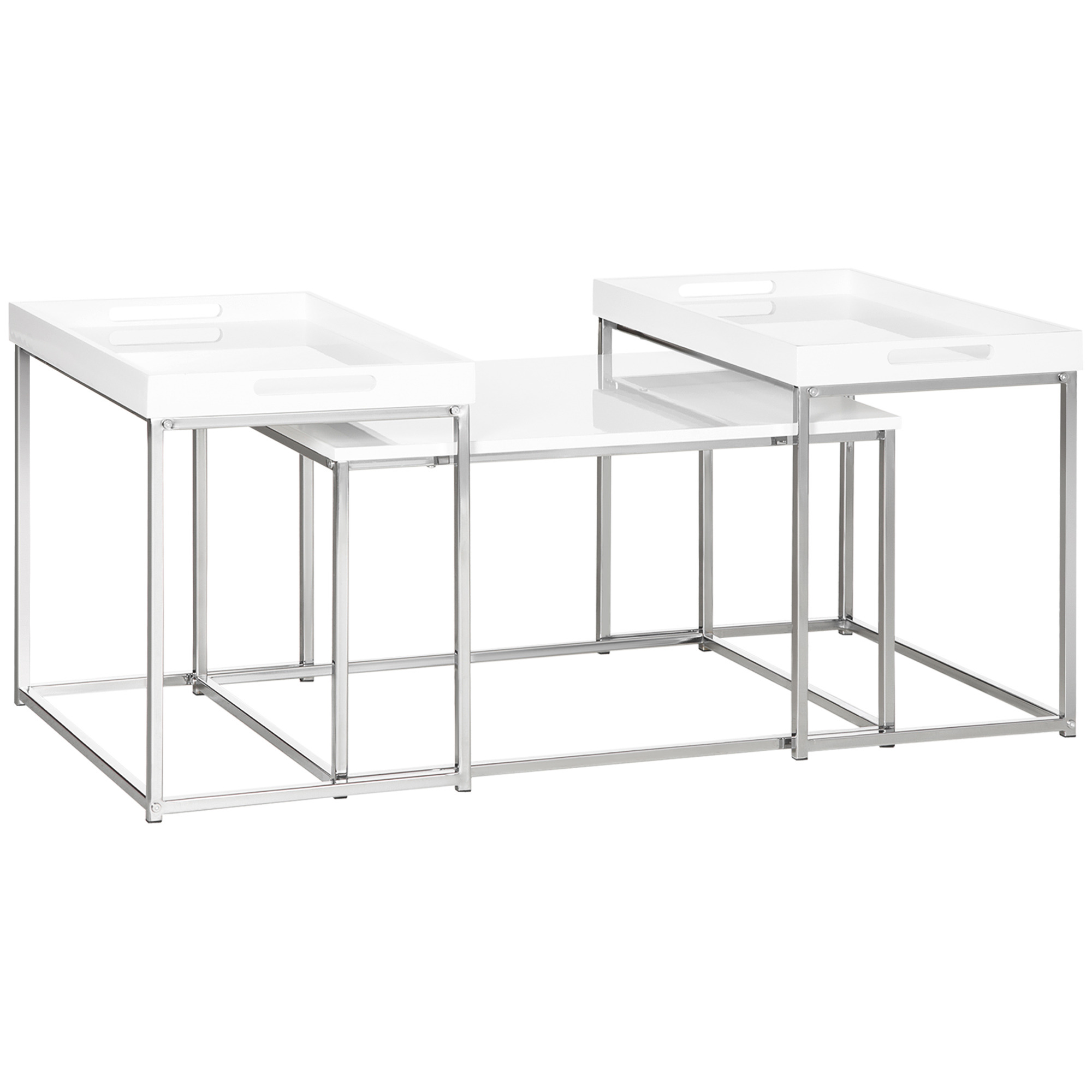 HOMCOM Coffee Table Set of 3, Modern Nest of Tables with Steel Frame and High Gloss Effect for Living Room, White