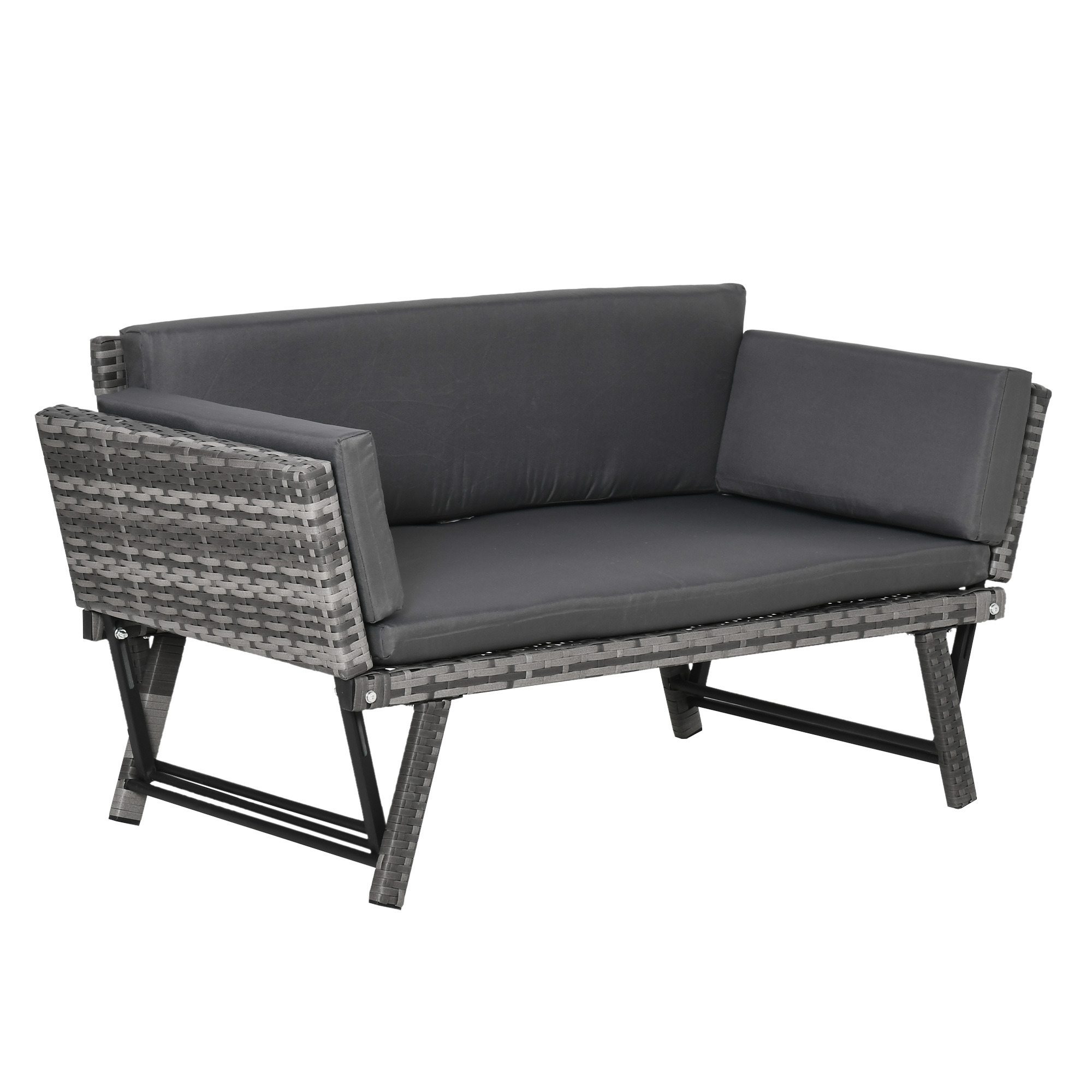 Outsunny 2 Seater Rattan Folding Daybed Sofa Bench Garden Chaise Lounger Loveseat with Cushion Outdoor Patio Grey