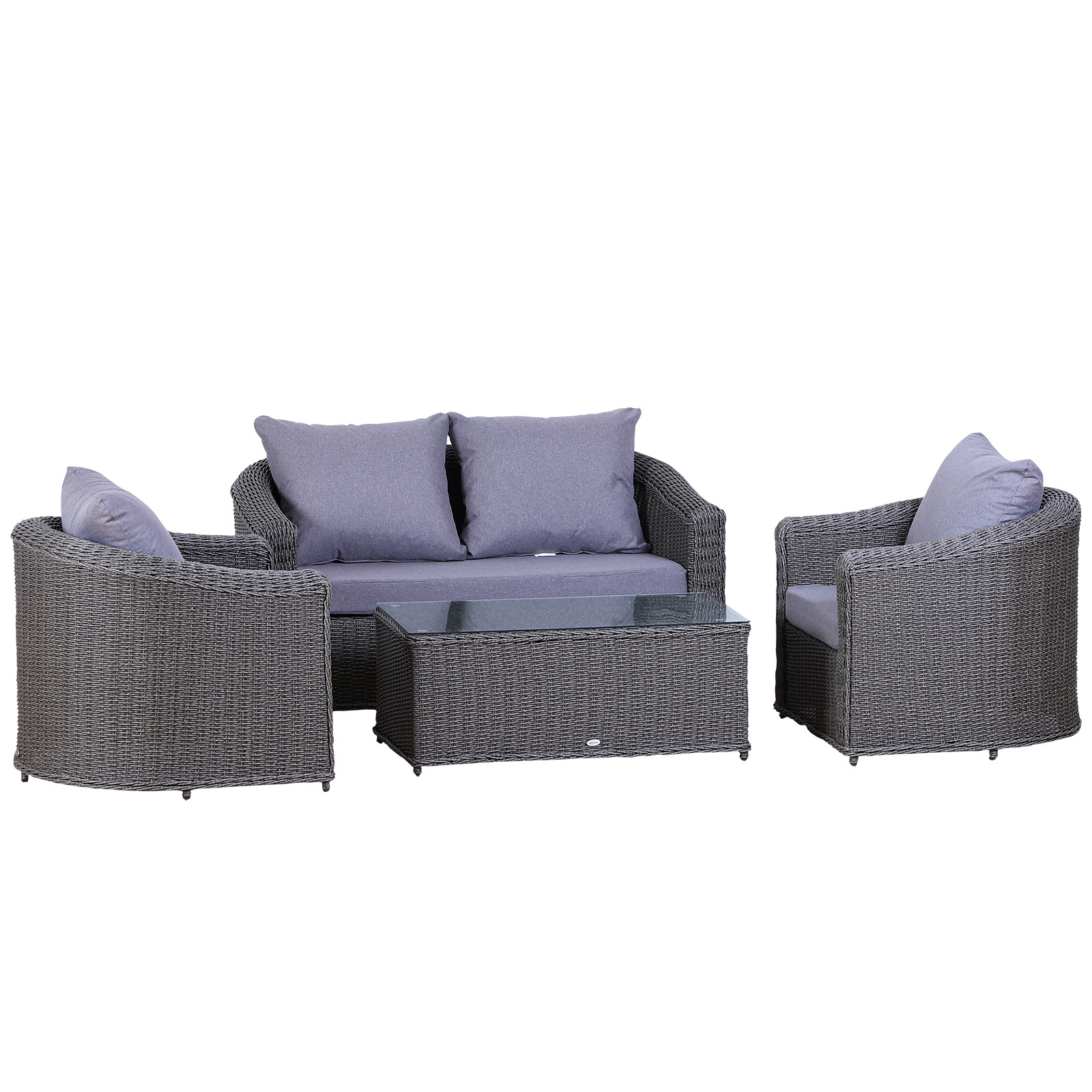 Outsunny Rattan Garden Furniture Set 4-seater Sofa Set Coffee Table Single Chair Bench Aluminium Frame Fully-assembly, Grey
