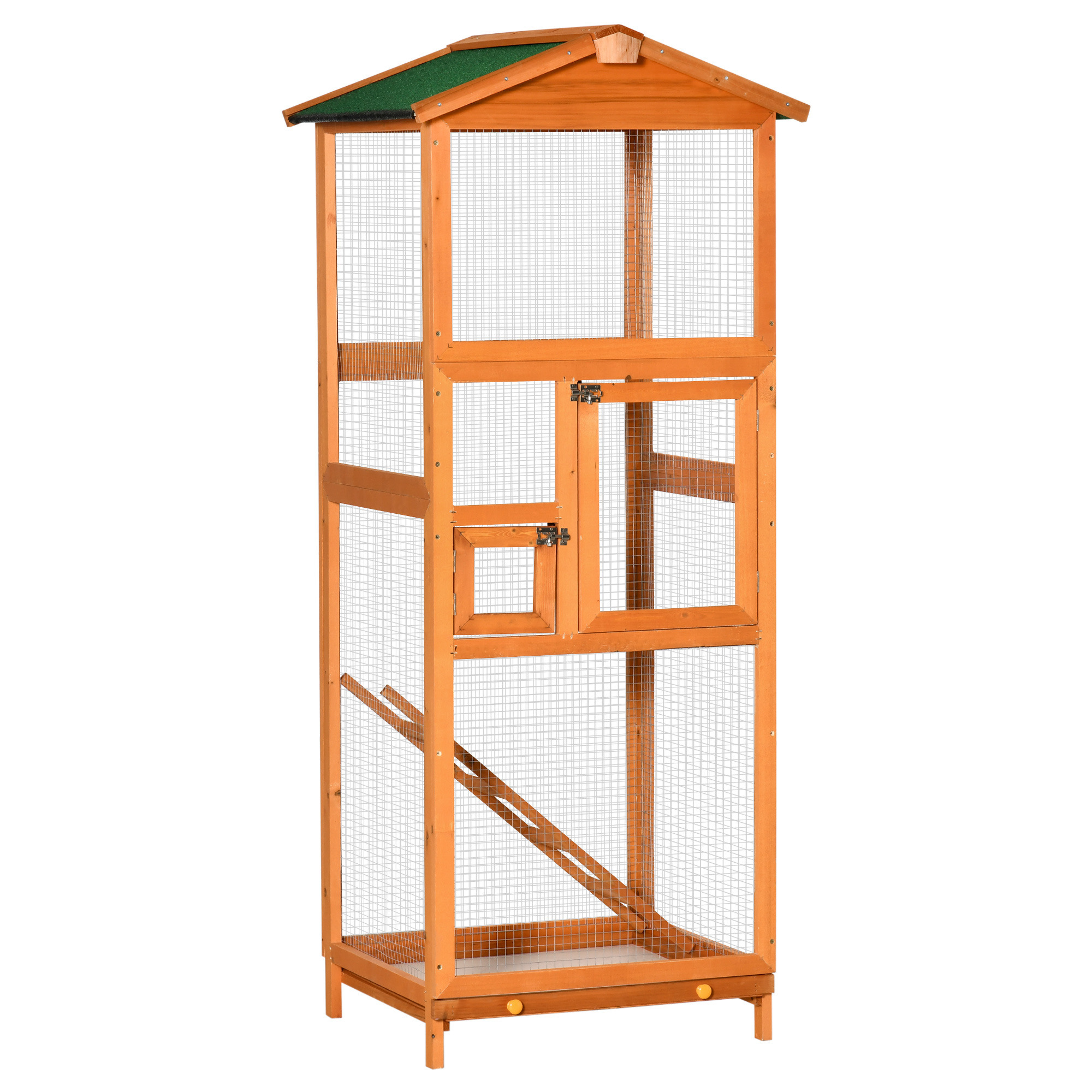 PawHut Wooden Bird Aviary Cages Outdoor Finches Birdcage with Pull Out Tray 2 Doors, Orange