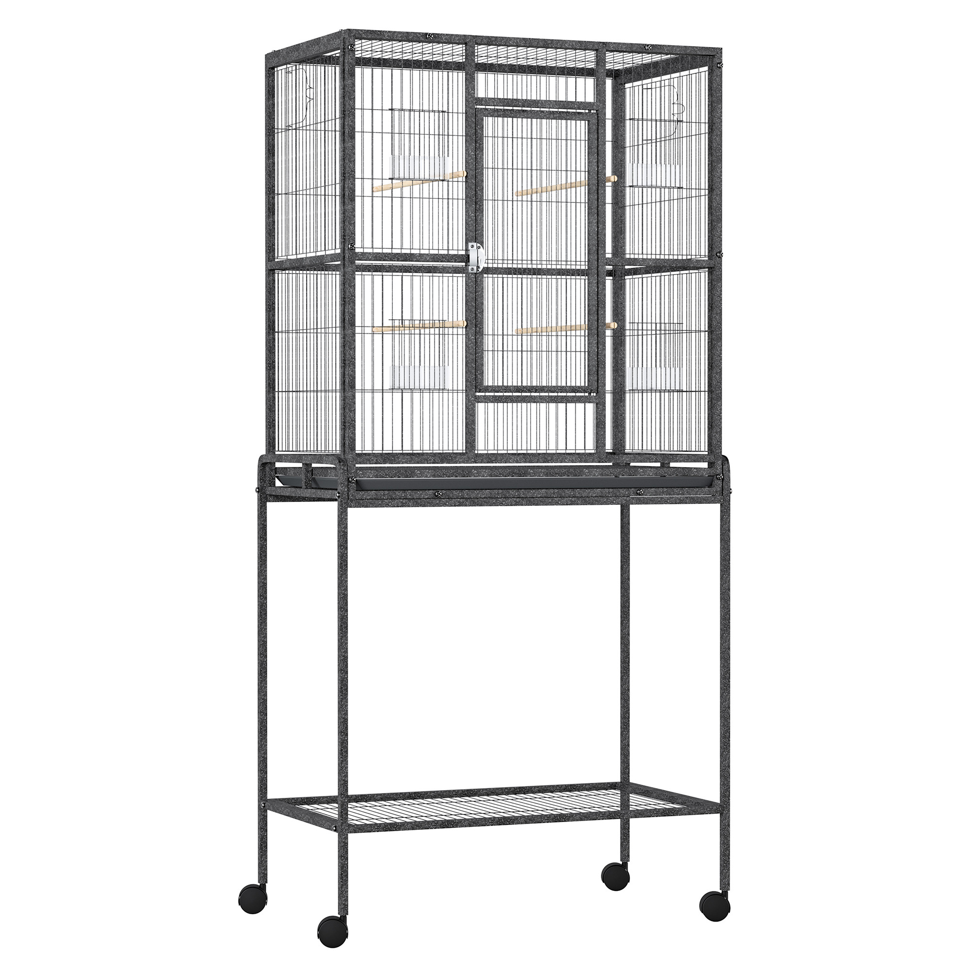 PawHut Bird Cage Metal Canary Cages for Parakeet with Detachable Rolling Stand, Storage Shelf, Wood Perch, Food Container