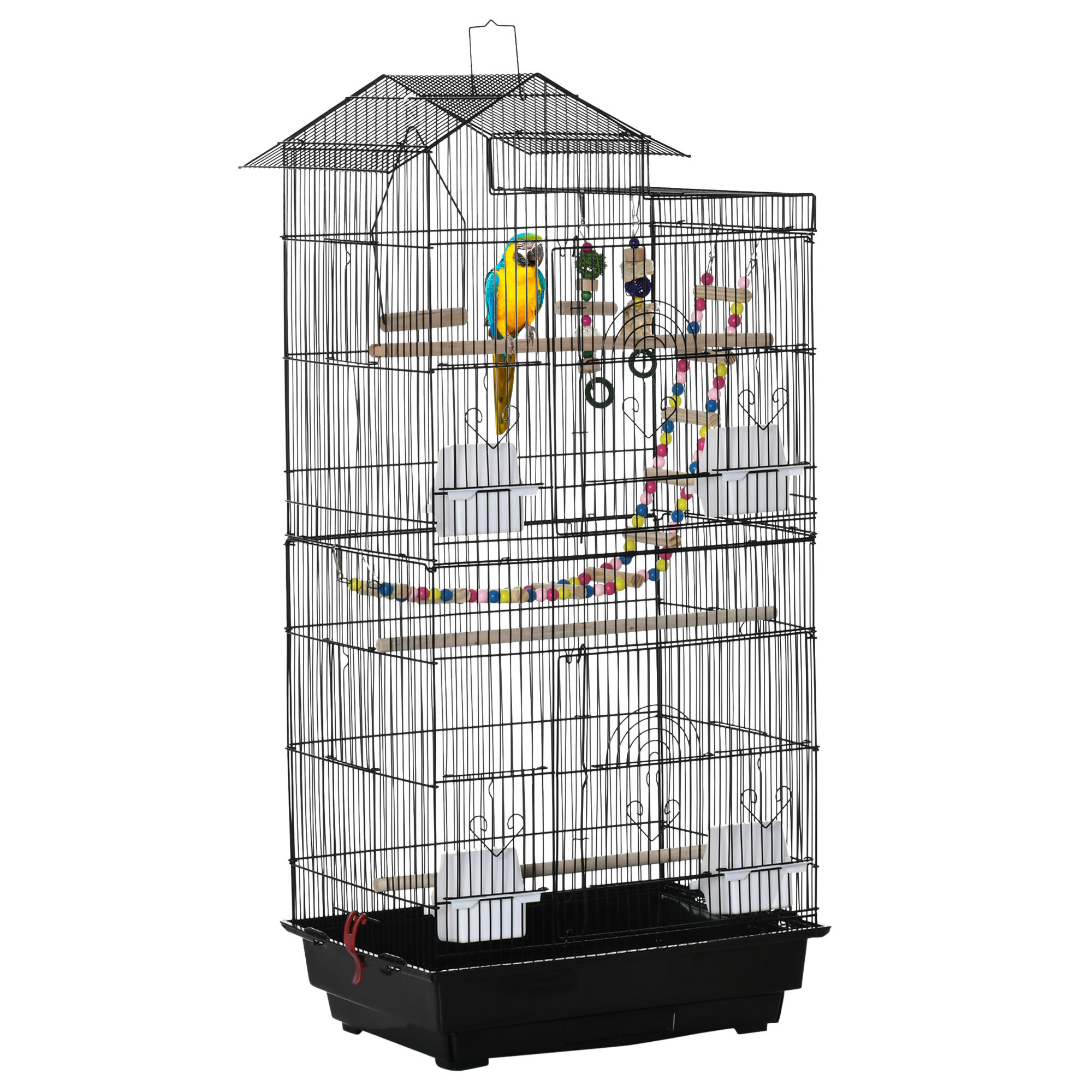 PawHut Bird Cage for Budgies Finches Canaries with Accessories, Toys, Tray, Handle, 46 x 36 x 100 cm, Black