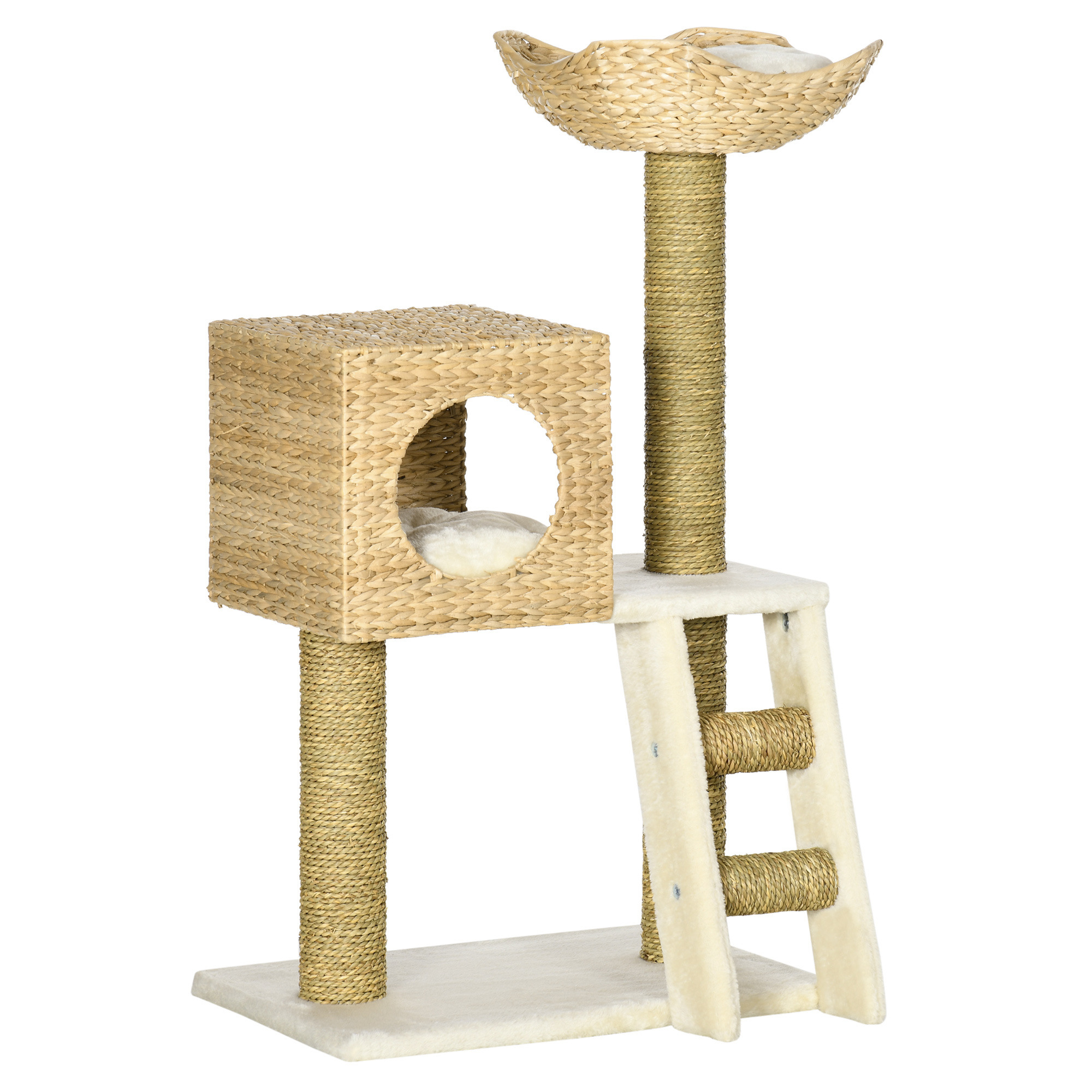 PawHut Cat Tree for Indoor Cats Kitten Tower Cattail Weave with Scratching Posts, Cat House, Bed， Washable Cushions Natural, 57 x 37 x 100.5 cm