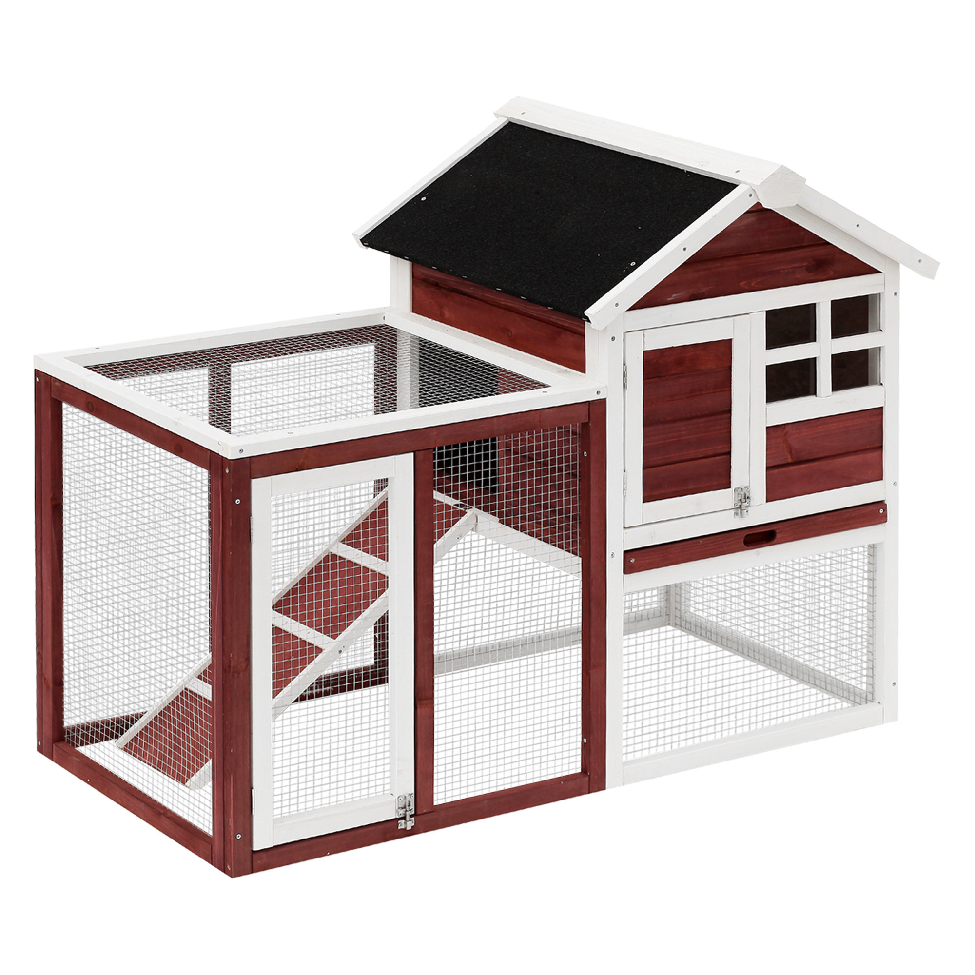 PawHut 122 Wooden Rabbit Hutch Bunny Cage with Waterproof Asphalt Roof, Fun Outdoor Run, Removable Tray and Ramp, Brown