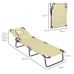 Outsunny Outdoor Foldable Sun Lounger Set of 2, 4 Level Adjustable Backrest Reclining Sun Lounger Chair with Pillow and Reading Hole, Beige - Aosom UK - thumbnail 3