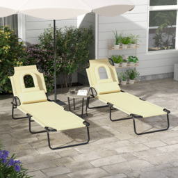 Outsunny Outdoor Foldable Sun Lounger Set of 2, 4 Level Adjustable Backrest Reclining Sun Lounger Chair with Pillow and Reading Hole, Beige - Aosom UK - thumbnail 2