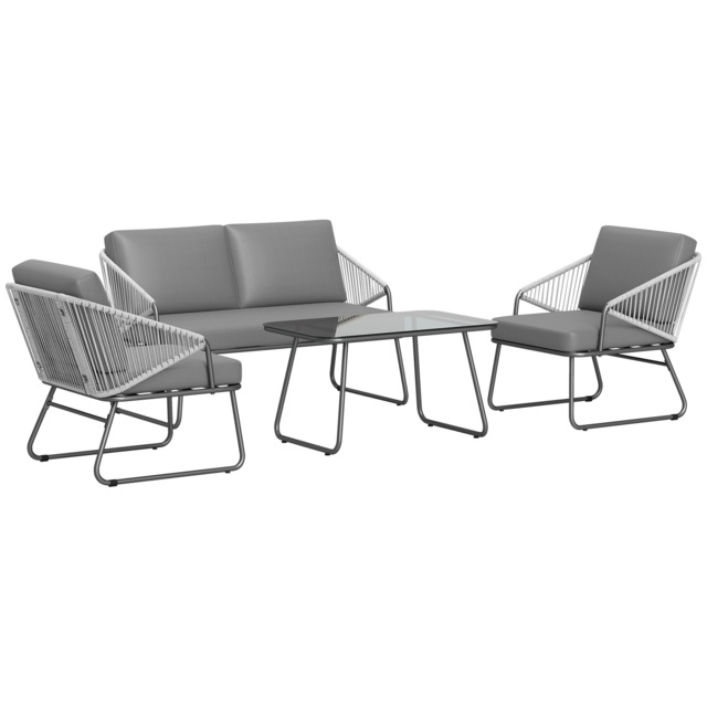 Outsunny 4 Piece Rattan Garden Furniture Set, Wicker Patio Outdoor Furniture Set with Loveseat, Glass Top Coffee Table for Patio, Balcony, Grey - image 1