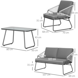 Outsunny 4 Piece Rattan Garden Furniture Set, Wicker Patio Outdoor Furniture Set with Loveseat, Glass Top Coffee Table for Patio, Balcony, Grey - thumbnail 3