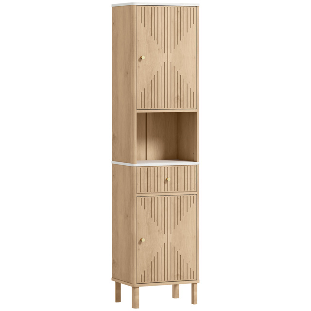 HOMCOM Slim Bathroom Cabinet with Silent Rail Oak Bathroom Cabinet with Adjustable Shelves for Scandinavian, Japanese Styles - Wood-Effect - Aosom UK