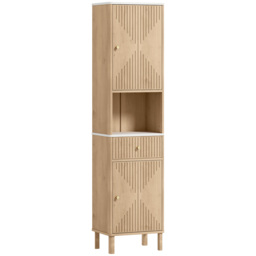 HOMCOM Slim Bathroom Cabinet with Silent Rail Oak Bathroom Cabinet with Adjustable Shelves for Scandinavian, Japanese Styles - Wood-Effect - Aosom UK - thumbnail 1