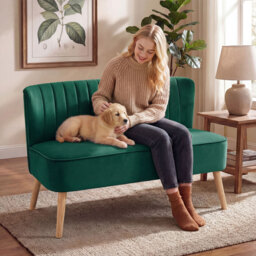 "HOMCOM 46"" Loveseat Sofa Upholstered Small 2 Seater Sofa  with Thick Padded Seat and Rubber Wood Legs, Dark Green" - thumbnail 8