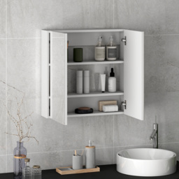 HOMCOM Double Door Wall Mounted Glass Mirror Cabinet Modern Storage Unit Bathroom Shelf Organiser Waterproof Wooden Frame 60W x 15D x 60H cm - thumbnail 8