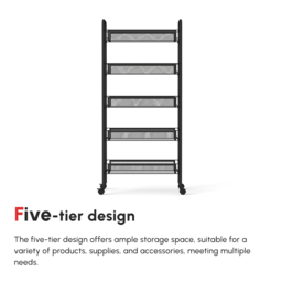 HOMCOM 5 Tier Utility Rolling Cart, Metal Storage Cart, Kitchen Cart with Removable Mesh Baskets, for Living Room and Bathroom, Black - Aosom UK - thumbnail 4