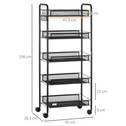 HOMCOM 5 Tier Utility Rolling Cart, Metal Storage Cart, Kitchen Cart with Removable Mesh Baskets, for Living Room and Bathroom, Black - Aosom UK - thumbnail 3